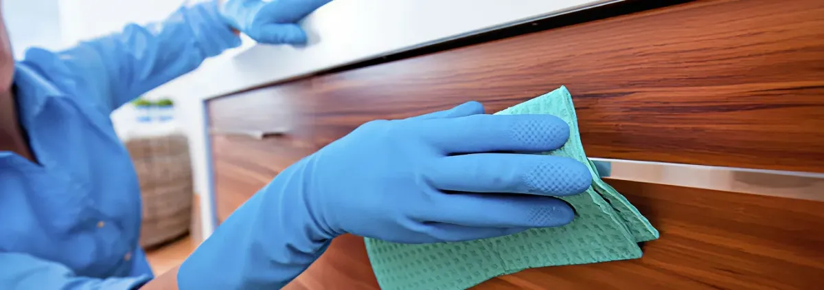 Cleaner wearing blue gloves wiping a wooden cabinet drawer with a microfiber cloth for dust and grime removal, West Palm Beach, FL.