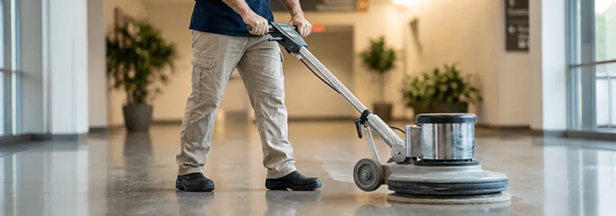 Professional technician using an industrial floor buffer to polish and maintain shiny commercial flooring in a corporate hallway in West Palm Beach, FL.